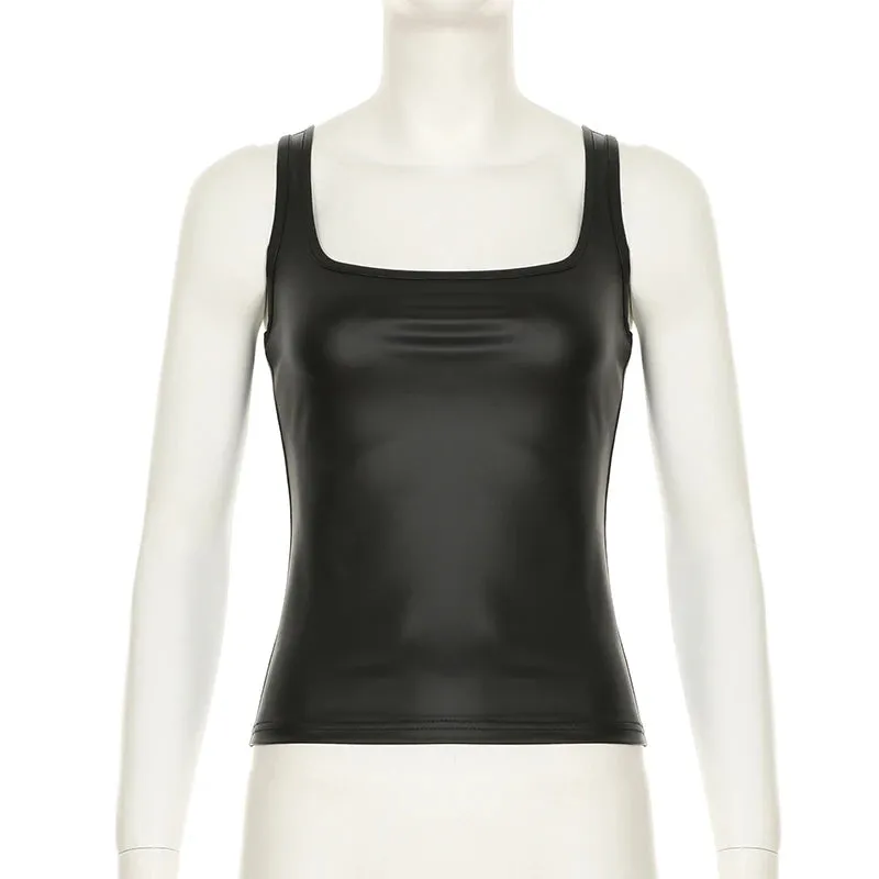 Black Vintage PU Leather Vest Slim Square Neck Sleeveless Top