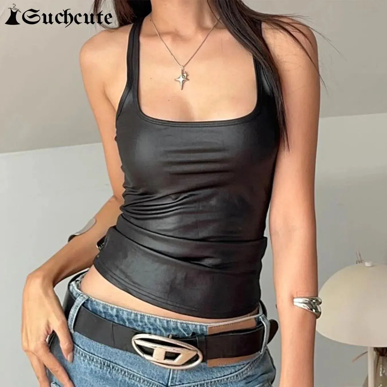 Black Vintage PU Leather Vest Slim Square Neck Sleeveless Top