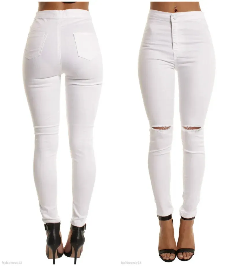 fashion high waist jeans woman Femme Stretch black white pencil pants denim with pockets skinny ripped for women