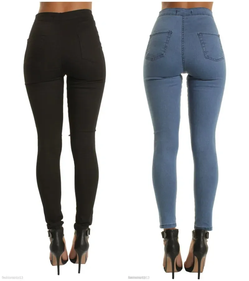 fashion high waist jeans woman Femme Stretch black white pencil pants denim with pockets skinny ripped for women