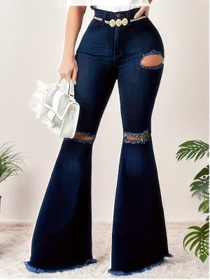 High-Rise Flare Leg Jeans - Super Stretchy, Ripped, Raw Hem, Fashion Bell Bottom Denim Pants with Distressed Details - Exclusively for Women, Stylish and Casual Long Trousers for Everyday Wear