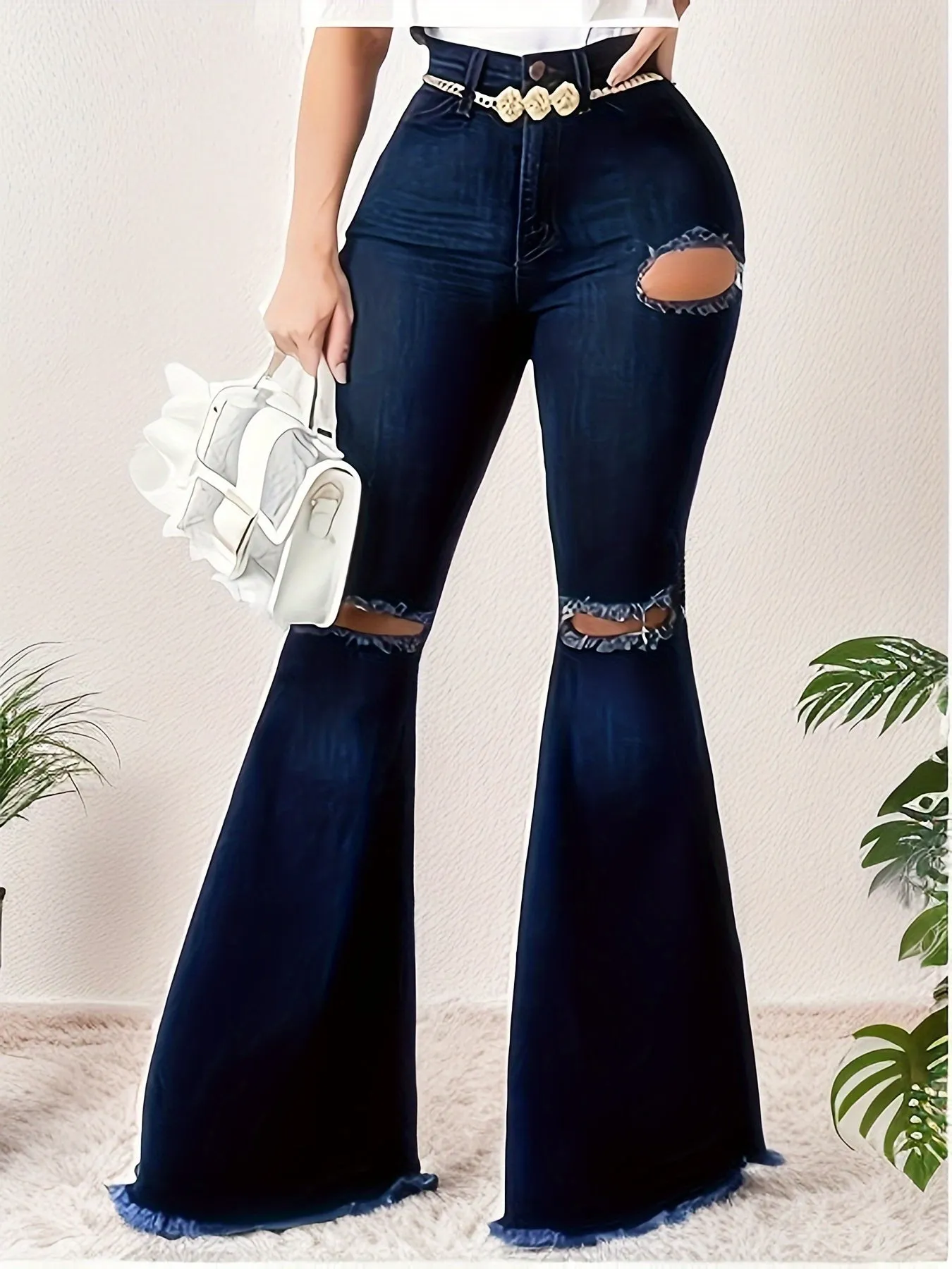 High-Rise Flare Leg Jeans - Super Stretchy, Ripped, Raw Hem, Fashion Bell Bottom Denim Pants with Distressed Details - Exclusively for Women, Stylish and Casual Long Trousers for Everyday Wear