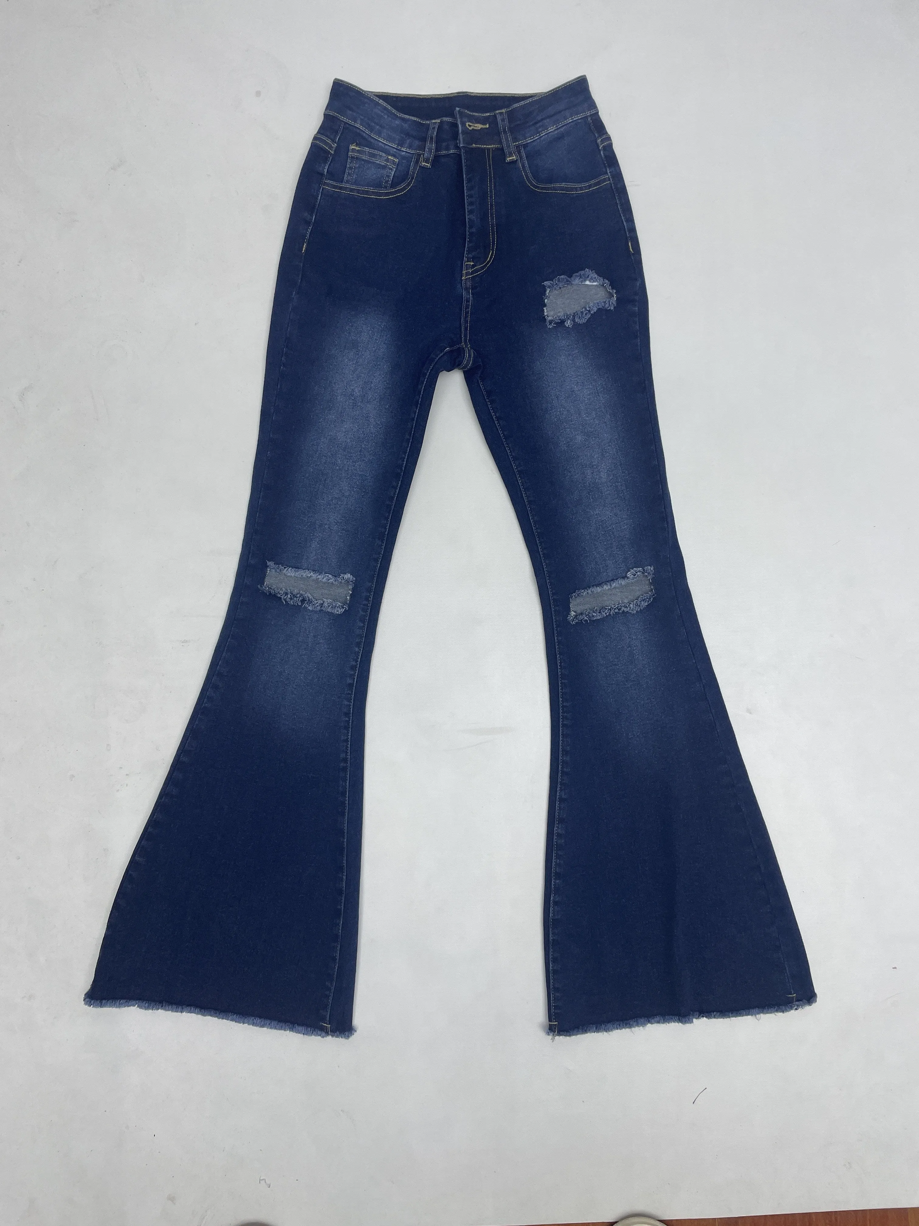 High-Rise Flare Leg Jeans - Super Stretchy, Ripped, Raw Hem, Fashion Bell Bottom Denim Pants with Distressed Details - Exclusively for Women, Stylish and Casual Long Trousers for Everyday Wear