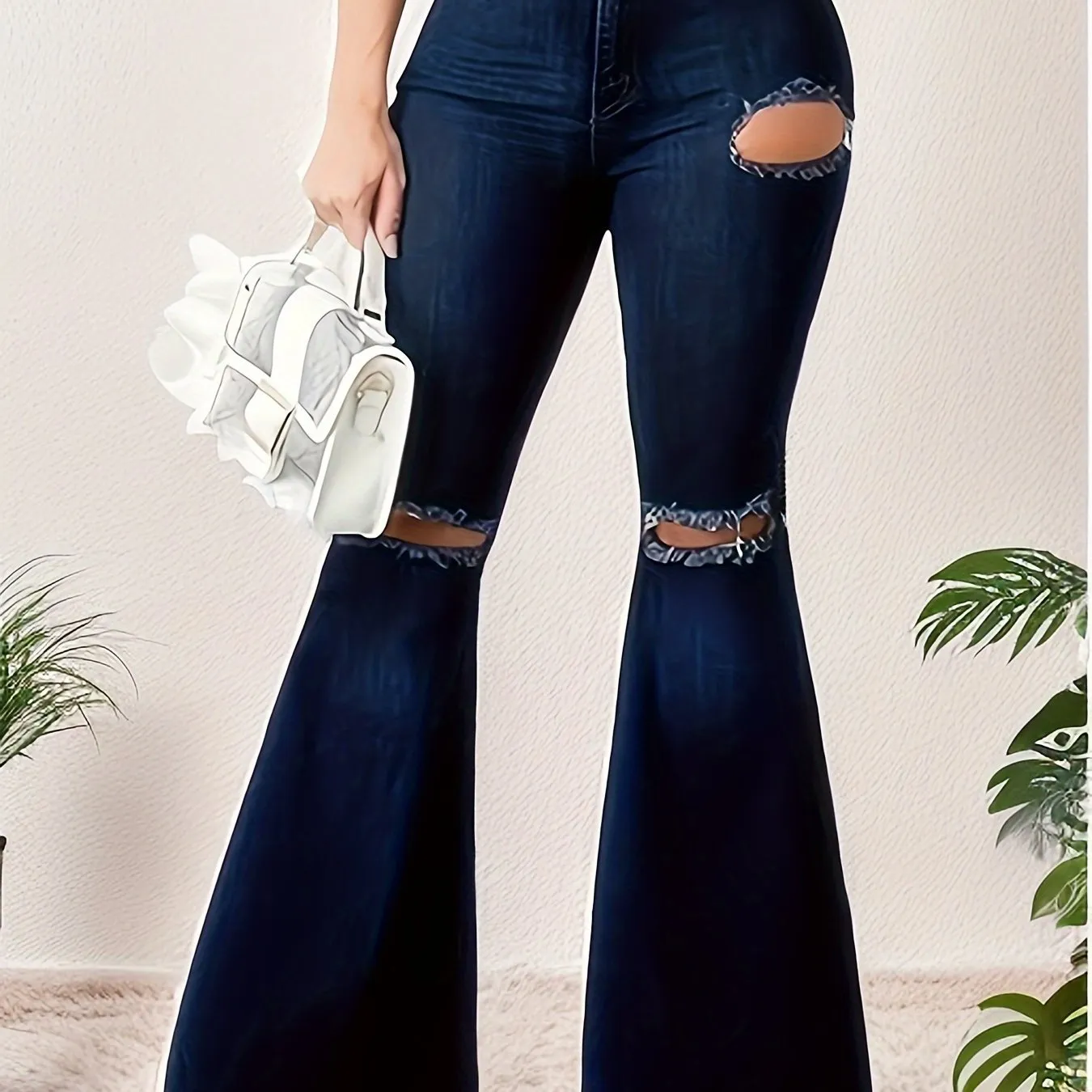 High-Rise Flare Leg Jeans - Super Stretchy, Ripped, Raw Hem, Fashion Bell Bottom Denim Pants with Distressed Details - Exclusively for Women, Stylish and Casual Long Trousers for Everyday Wear