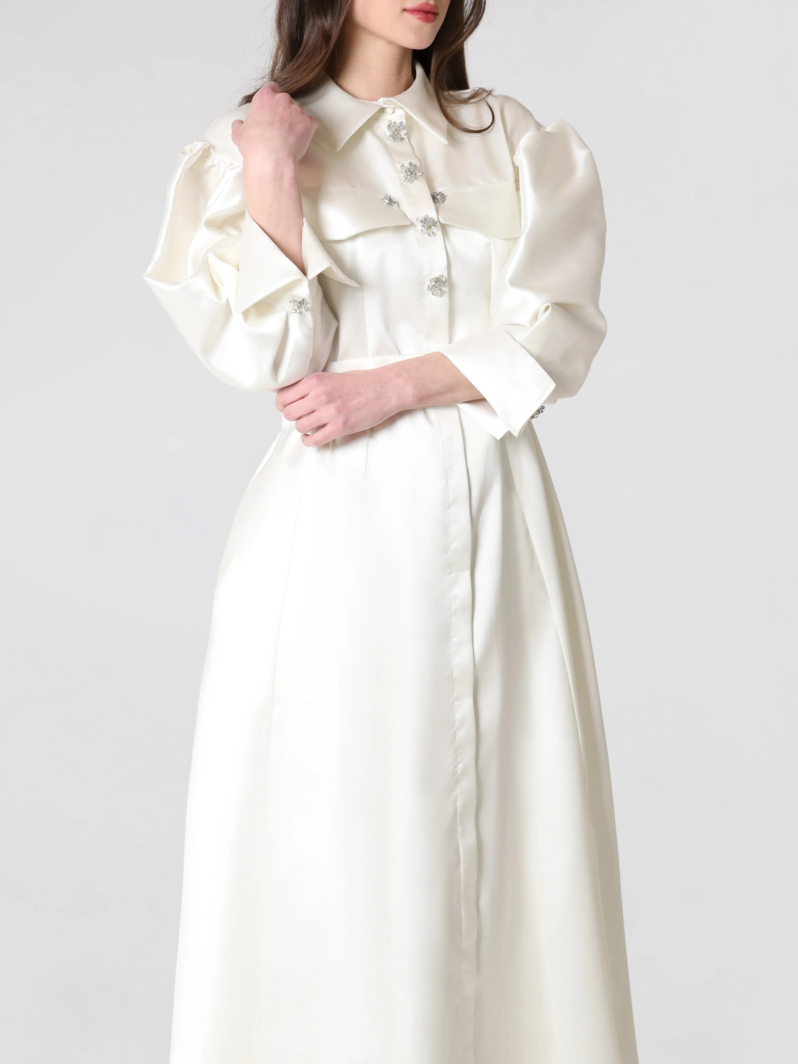 Ivory Silk Puff Sleeve Women's Midi Dress With Embellished Button