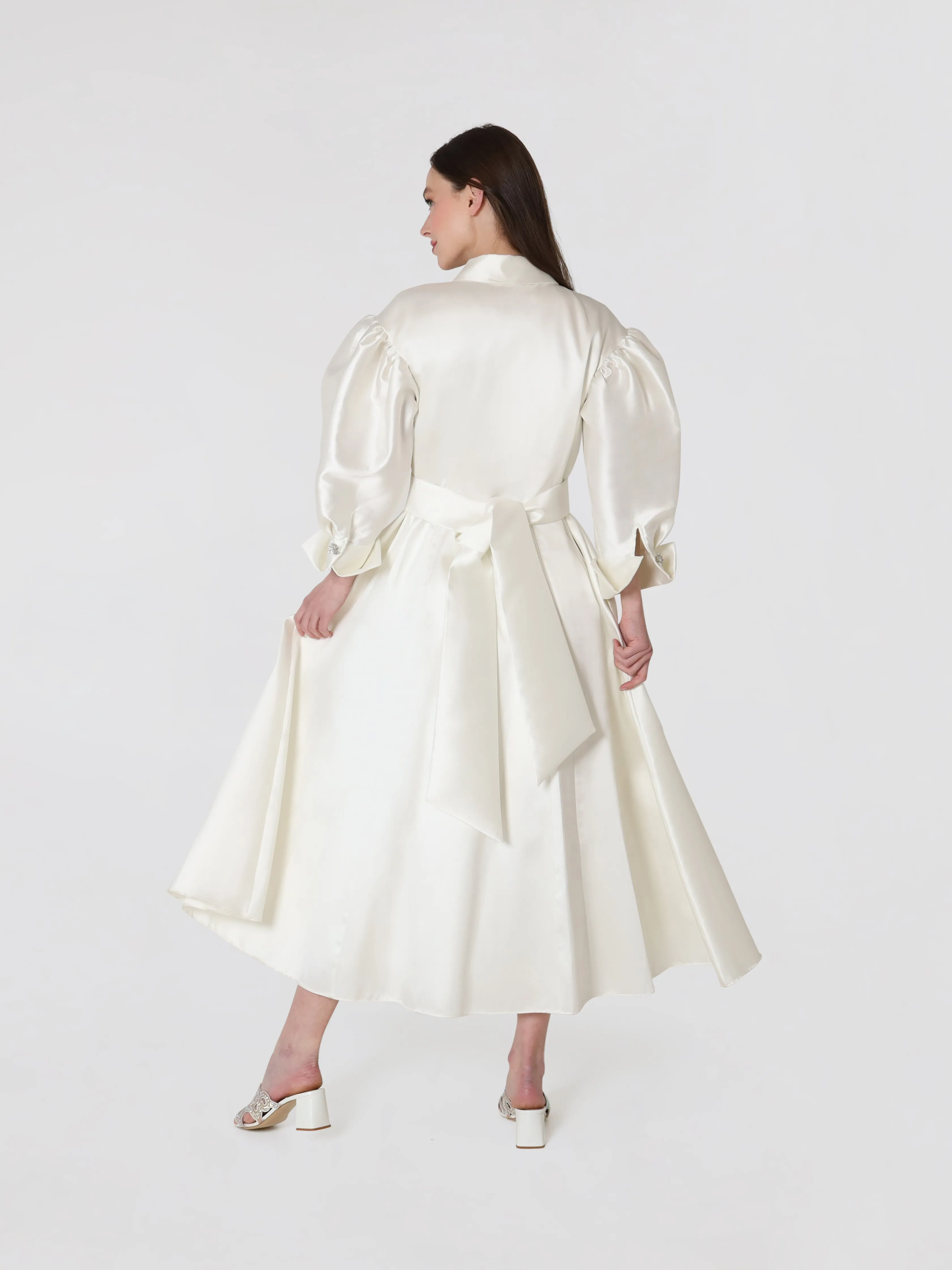 Ivory Silk Puff Sleeve Women's Midi Dress With Embellished Button