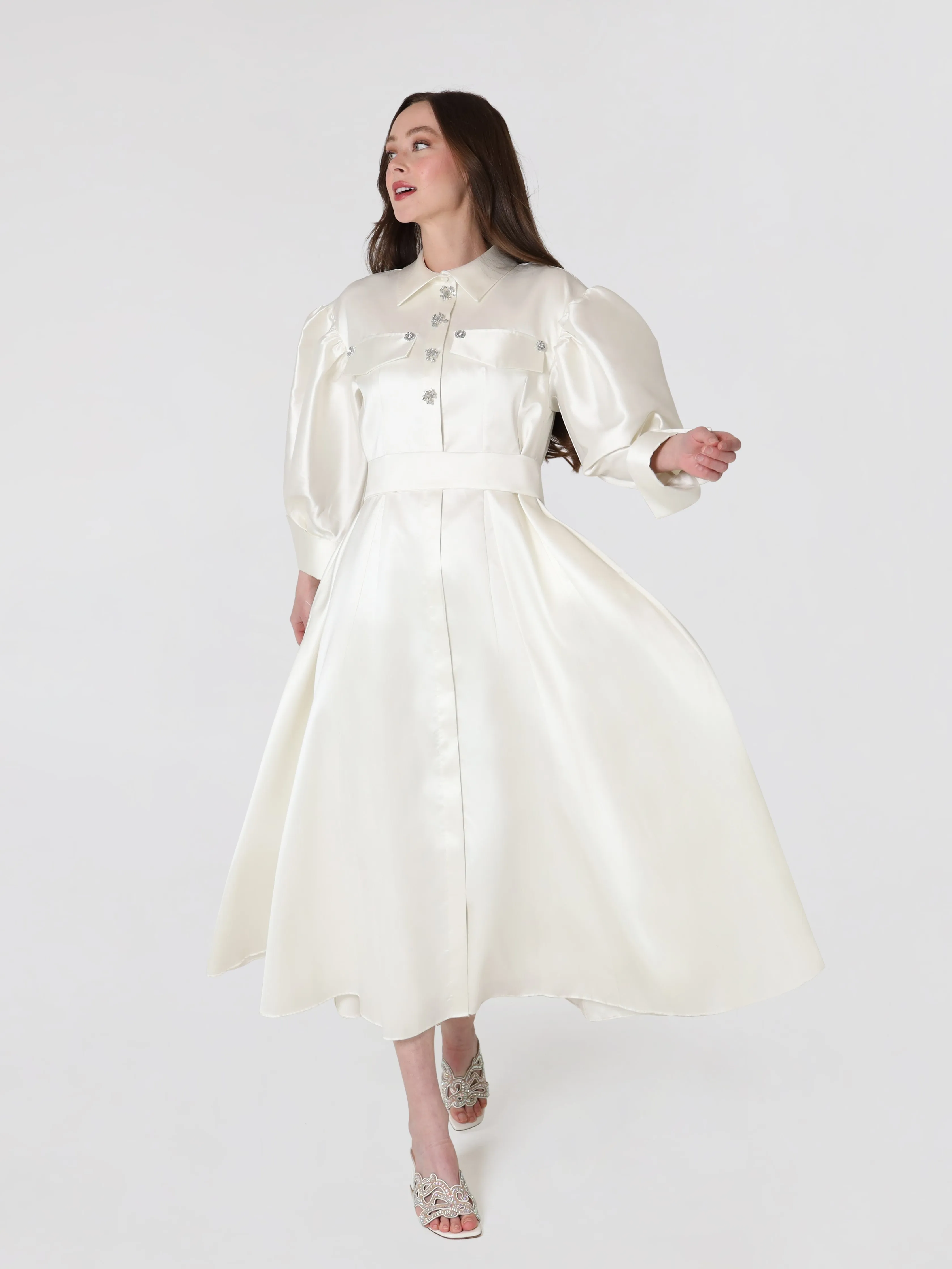 Ivory Silk Puff Sleeve Women's Midi Dress With Embellished Button