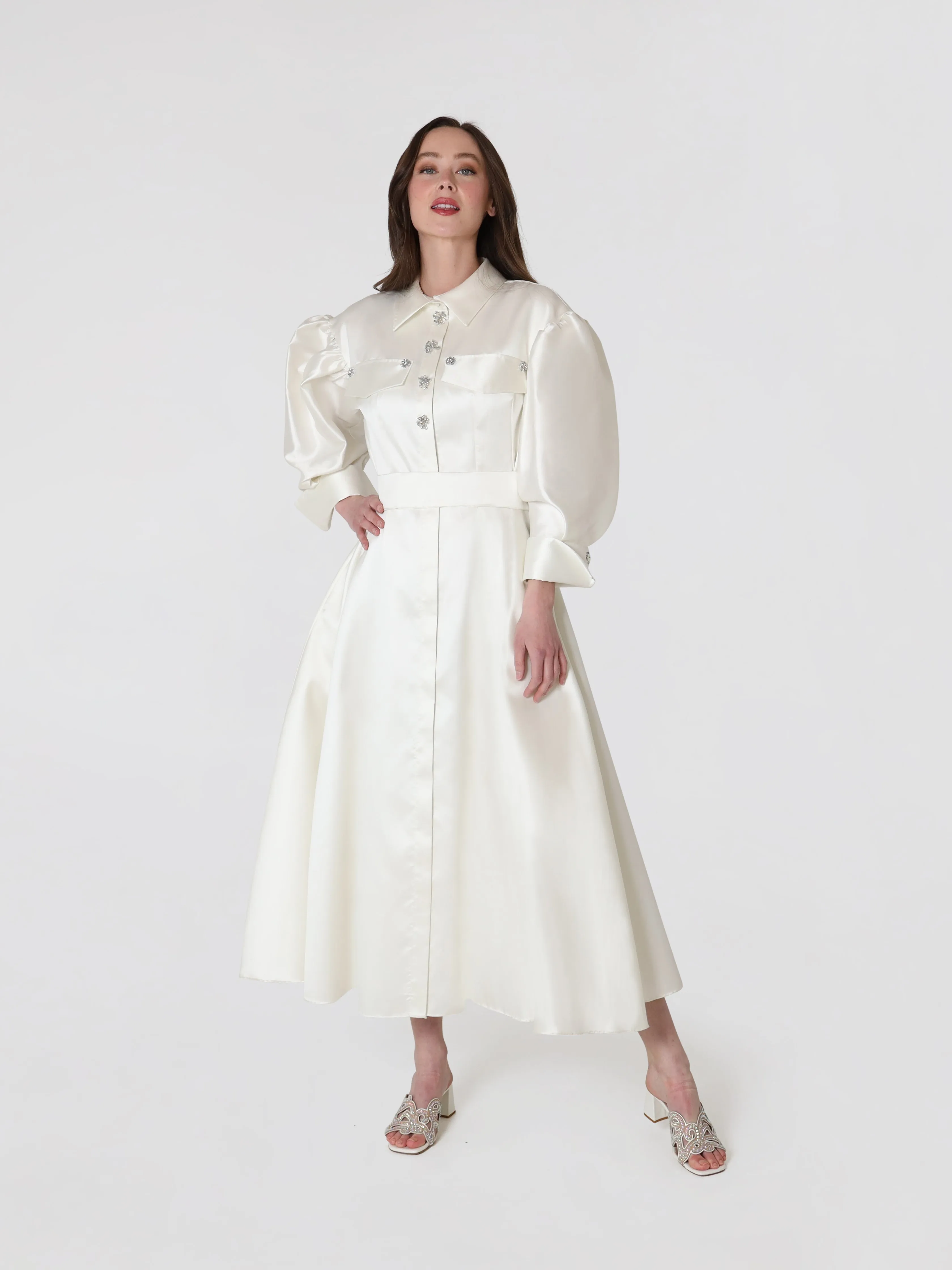 Ivory Silk Puff Sleeve Women's Midi Dress With Embellished Button