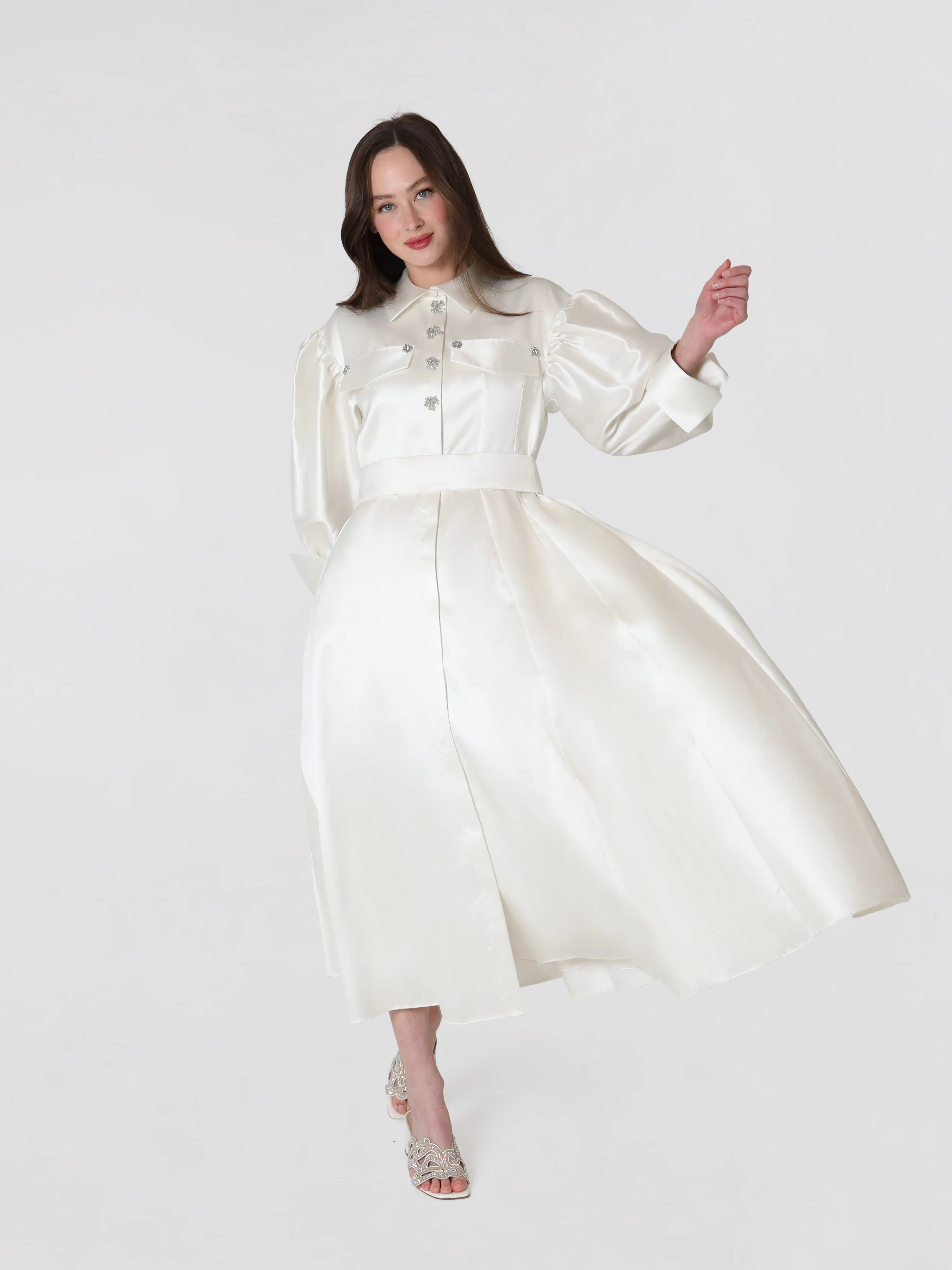Ivory Silk Puff Sleeve Women's Midi Dress With Embellished Button