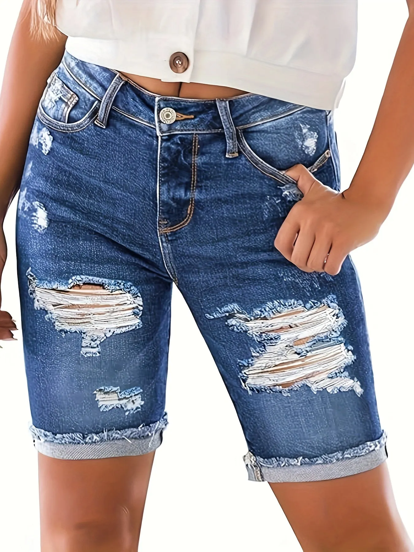 Mid-Rise Ripped Denim Bermuda Shorts for Women - Stretchy, Solid-Colored, Frayed Hem, Casual Summer Wear - Customized, No Printing, Woven Fabric
