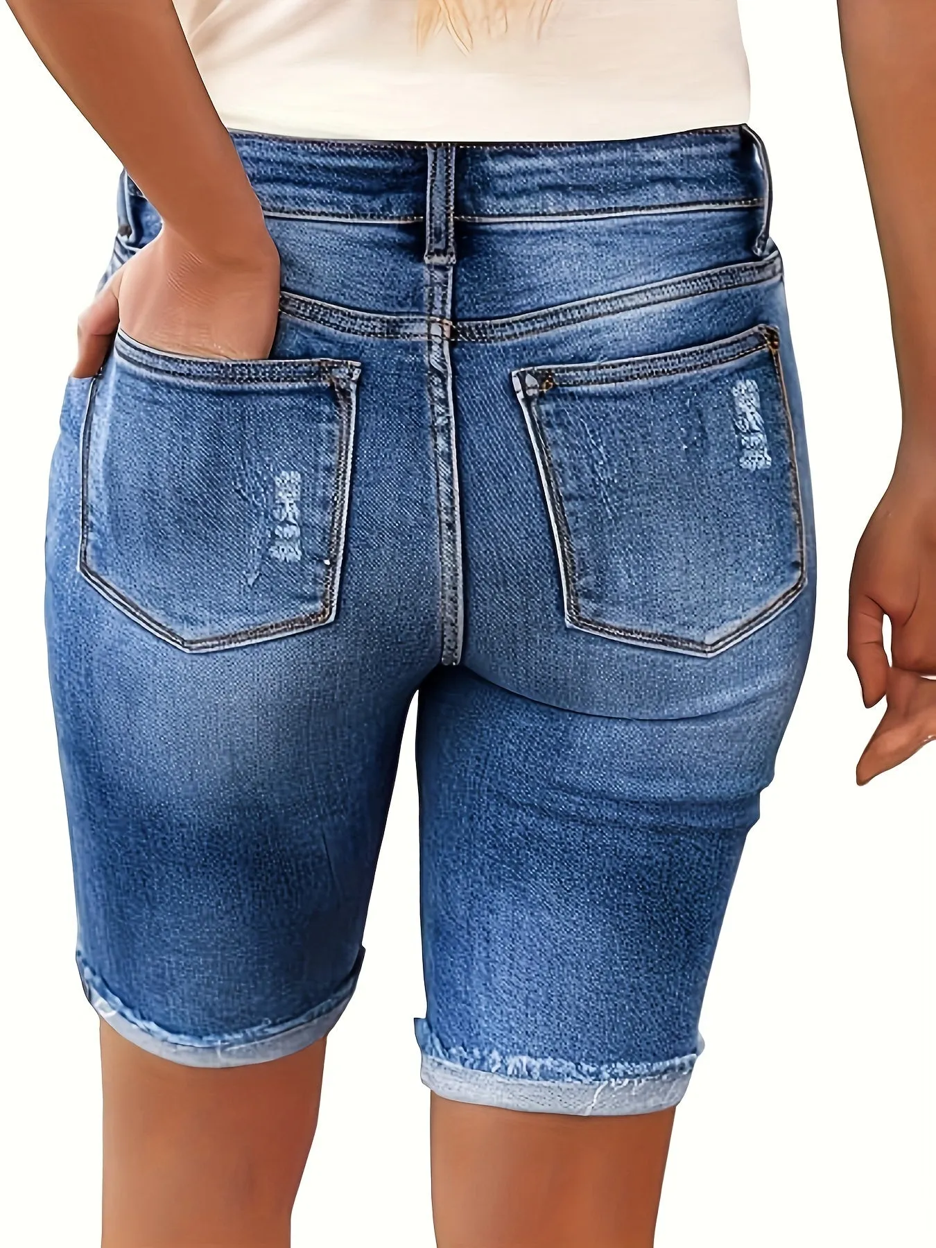Mid-Rise Ripped Denim Bermuda Shorts for Women - Stretchy, Solid-Colored, Frayed Hem, Casual Summer Wear - Customized, No Printing, Woven Fabric