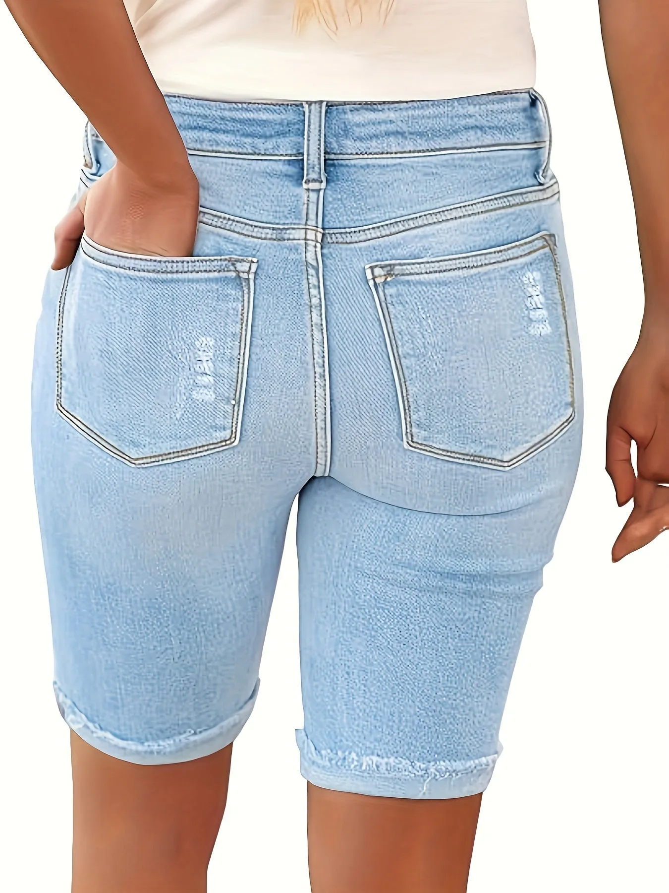 Mid-Rise Ripped Denim Bermuda Shorts for Women - Stretchy, Solid-Colored, Frayed Hem, Casual Summer Wear - Customized, No Printing, Woven Fabric