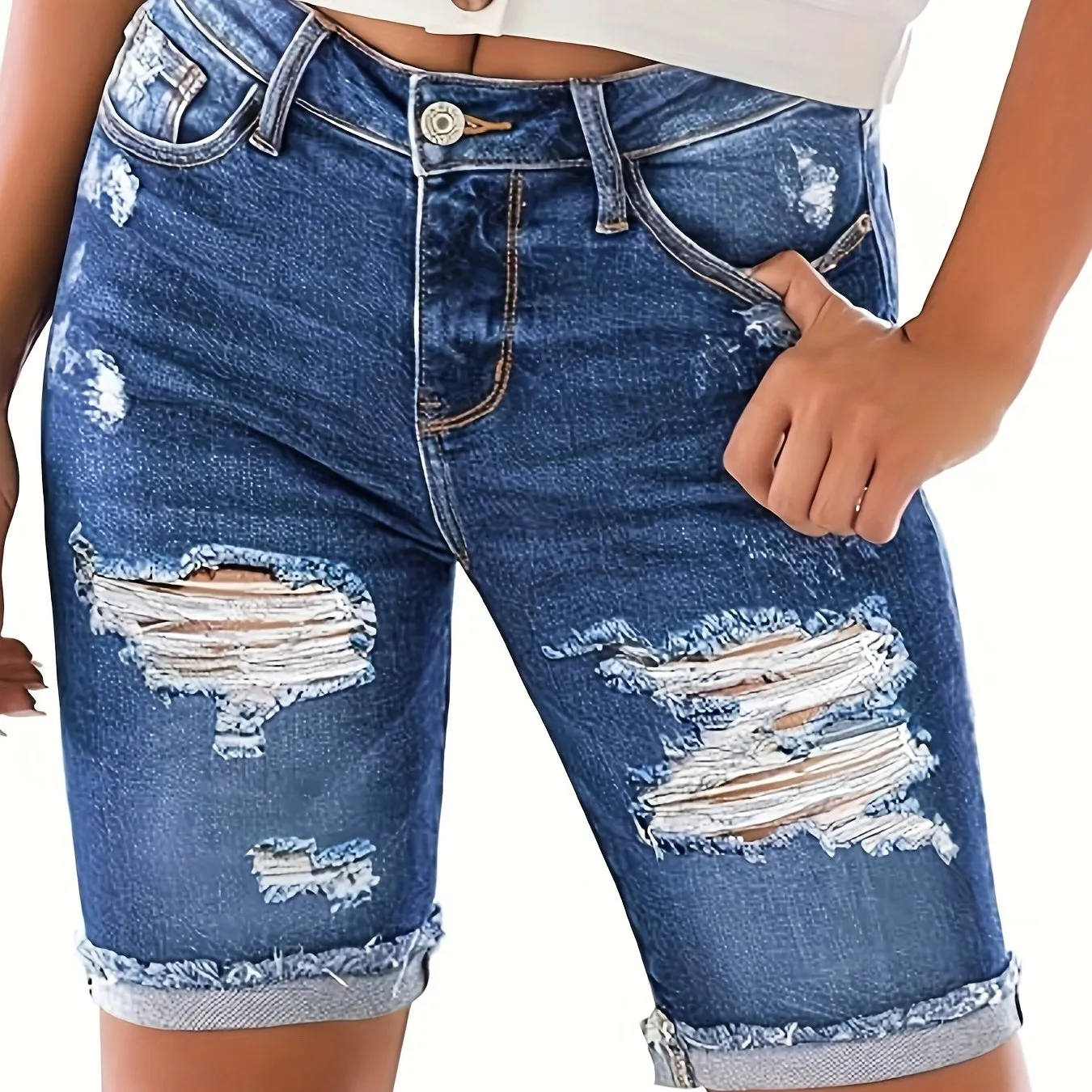 Mid-Rise Ripped Denim Bermuda Shorts for Women - Stretchy, Solid-Colored, Frayed Hem, Casual Summer Wear - Customized, No Printing, Woven Fabric