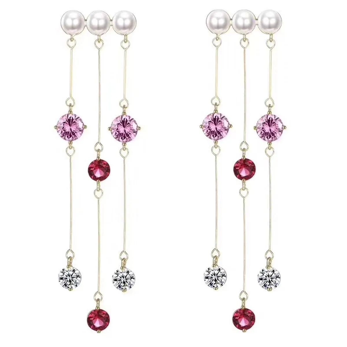 Pearl & Pink Cubic Zirconia 18K Gold-Plated Tassel Trio Drop Earrings
