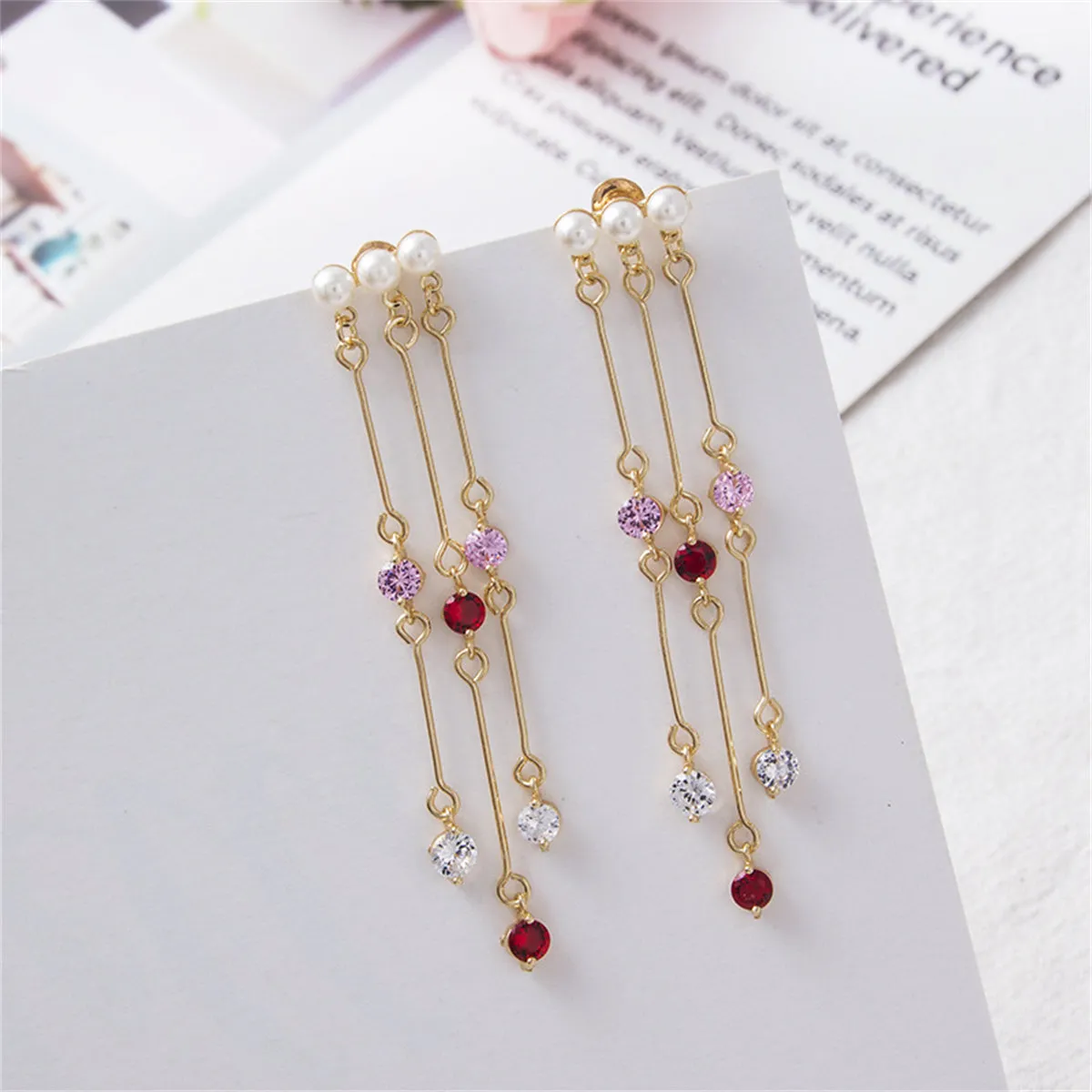 Pearl & Pink Cubic Zirconia 18K Gold-Plated Tassel Trio Drop Earrings