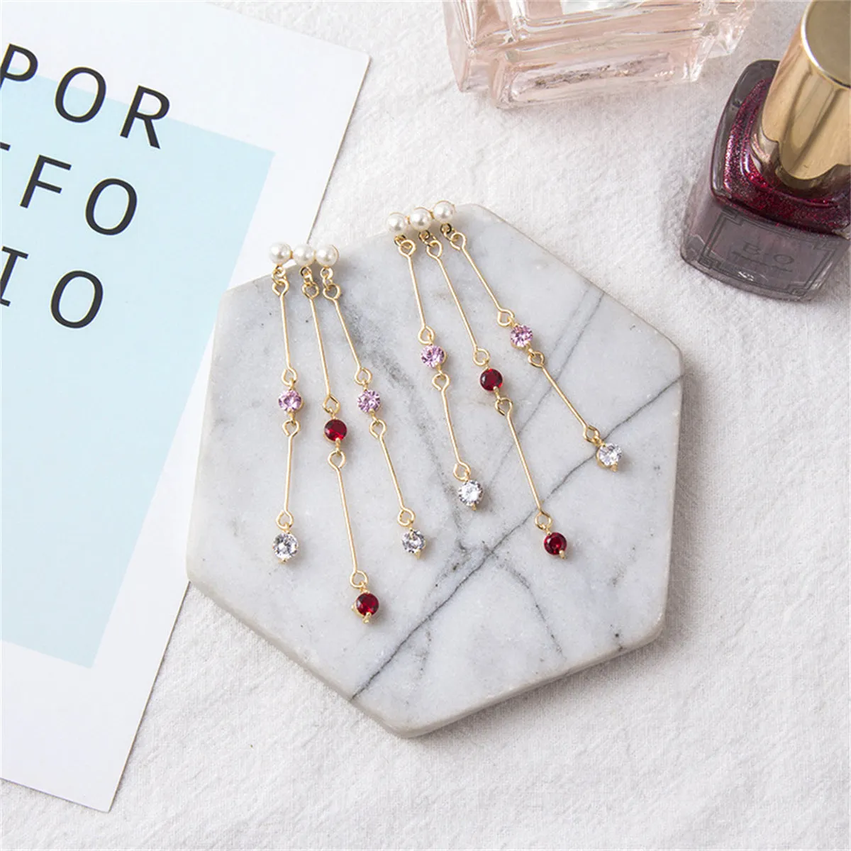 Pearl & Pink Cubic Zirconia 18K Gold-Plated Tassel Trio Drop Earrings