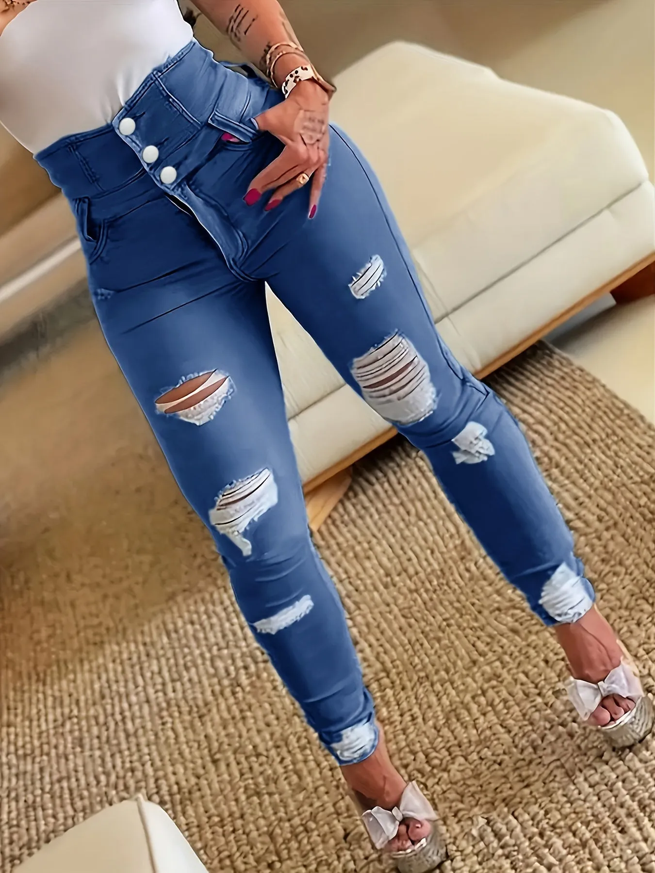 Ripped Holes Casual Skinny Jeans, Slash Pockets Distressed Single-Breasted Button High Waist Denim Pants, Women's Denim Jeans & Clothing