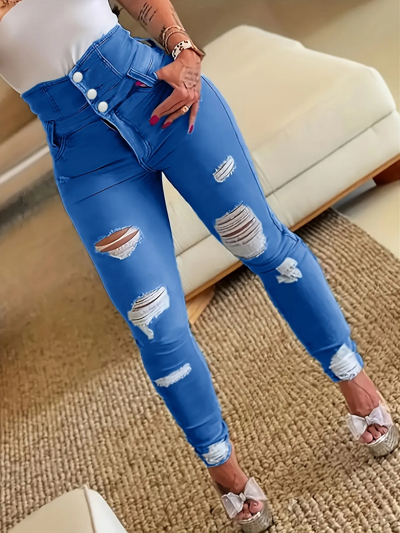 Ripped Holes Casual Skinny Jeans, Slash Pockets Distressed Single-Breasted Button High Waist Denim Pants, Women's Denim Jeans & Clothing