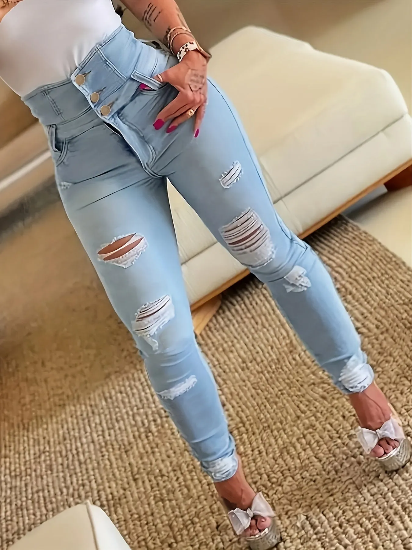 Ripped Holes Casual Skinny Jeans, Slash Pockets Distressed Single-Breasted Button High Waist Denim Pants, Women's Denim Jeans & Clothing