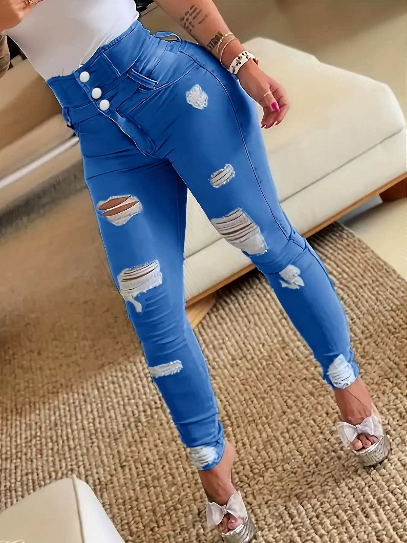 Ripped Holes Casual Skinny Jeans, Slash Pockets Distressed Single-Breasted Button High Waist Denim Pants, Women's Denim Jeans & Clothing