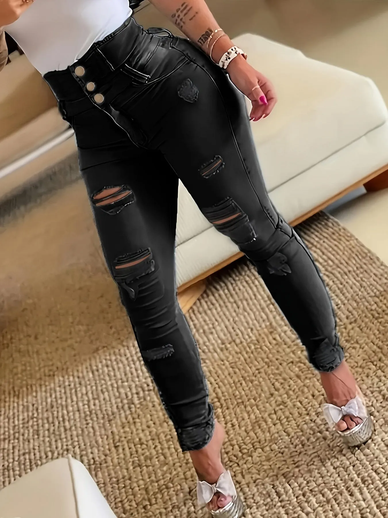 Ripped Holes Casual Skinny Jeans, Slash Pockets Distressed Single-Breasted Button High Waist Denim Pants, Women's Denim Jeans & Clothing