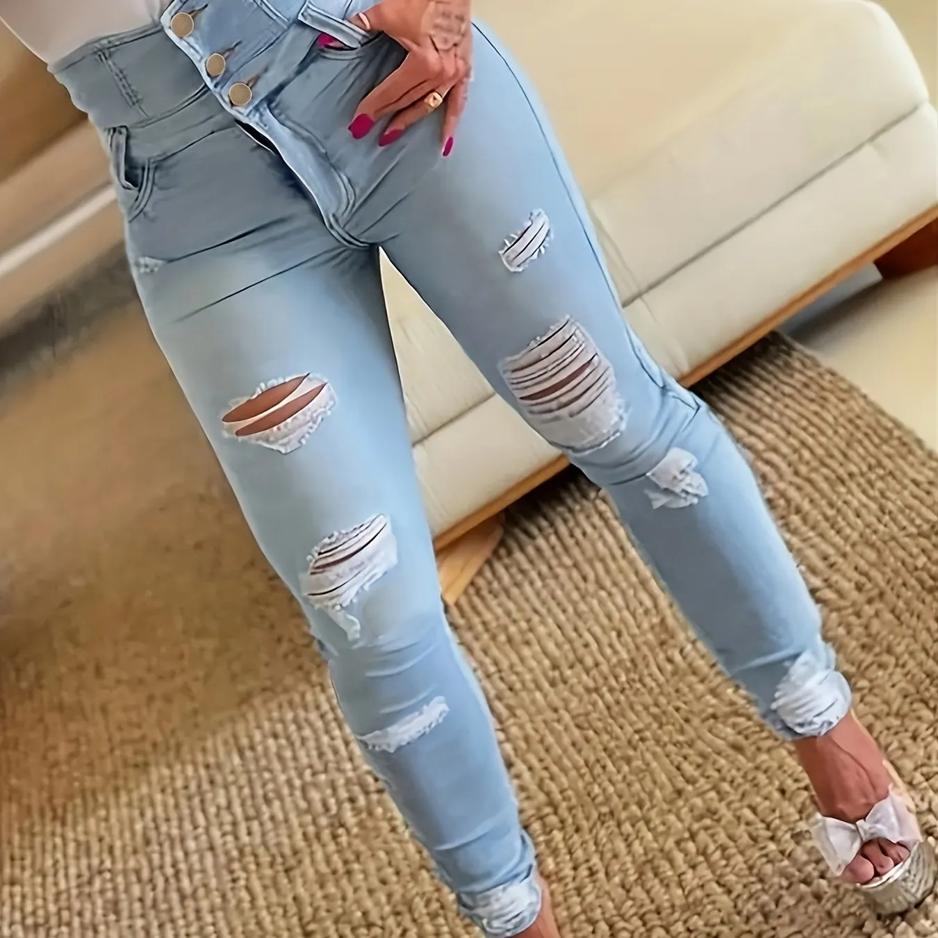 Ripped Holes Casual Skinny Jeans, Slash Pockets Distressed Single-Breasted Button High Waist Denim Pants, Women's Denim Jeans & Clothing