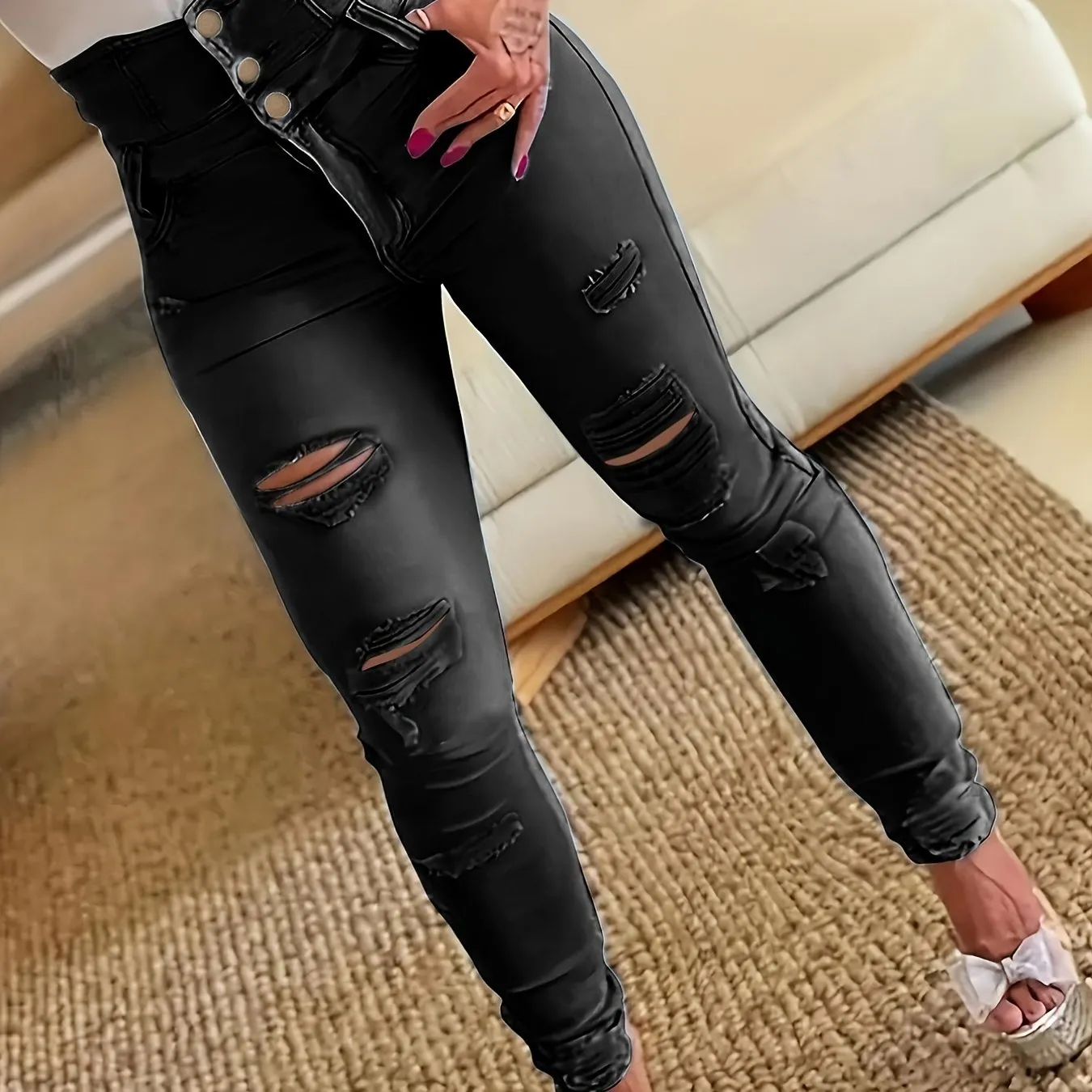 Ripped Holes Casual Skinny Jeans, Slash Pockets Distressed Single-Breasted Button High Waist Denim Pants, Women's Denim Jeans & Clothing