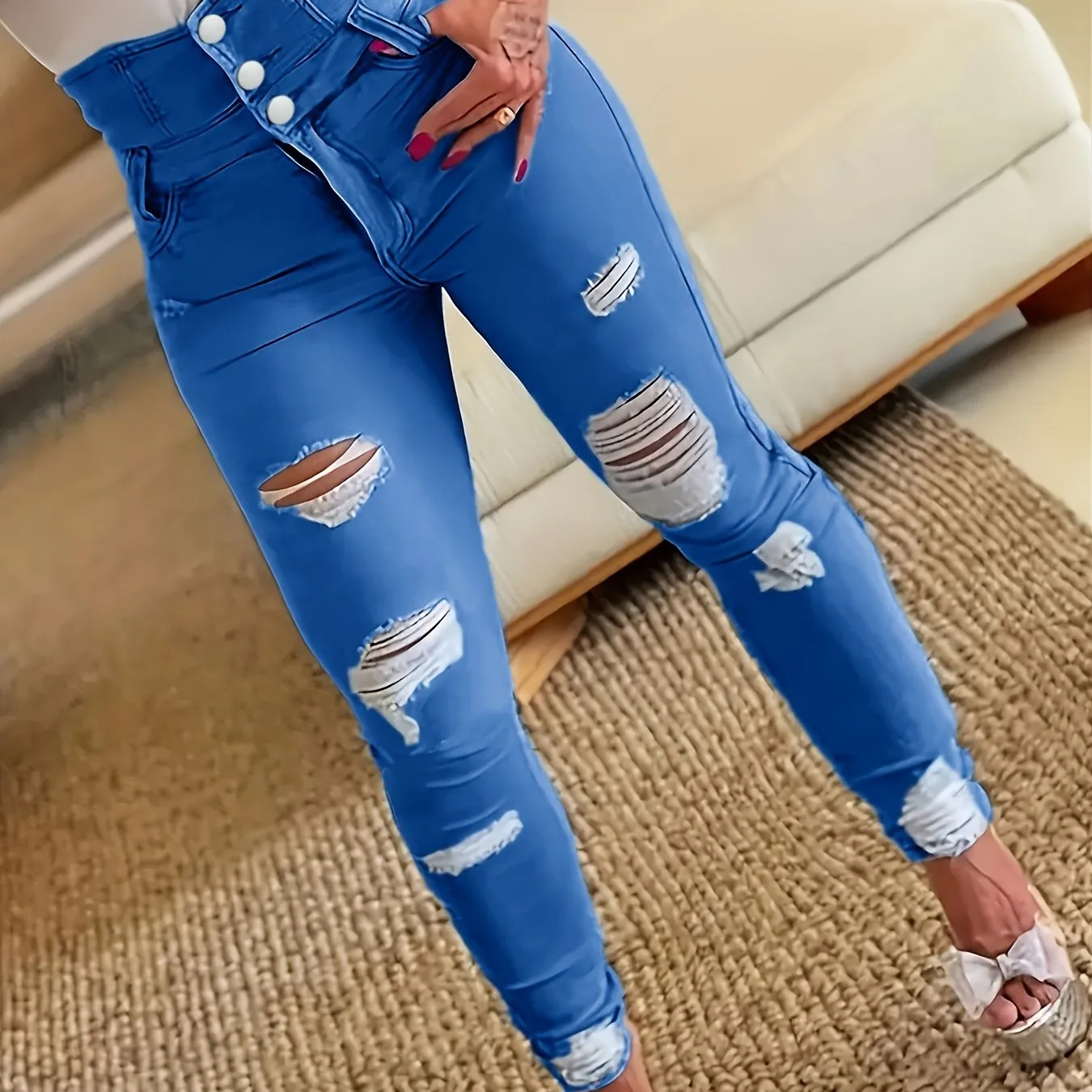 Ripped Holes Casual Skinny Jeans, Slash Pockets Distressed Single-Breasted Button High Waist Denim Pants, Women's Denim Jeans & Clothing