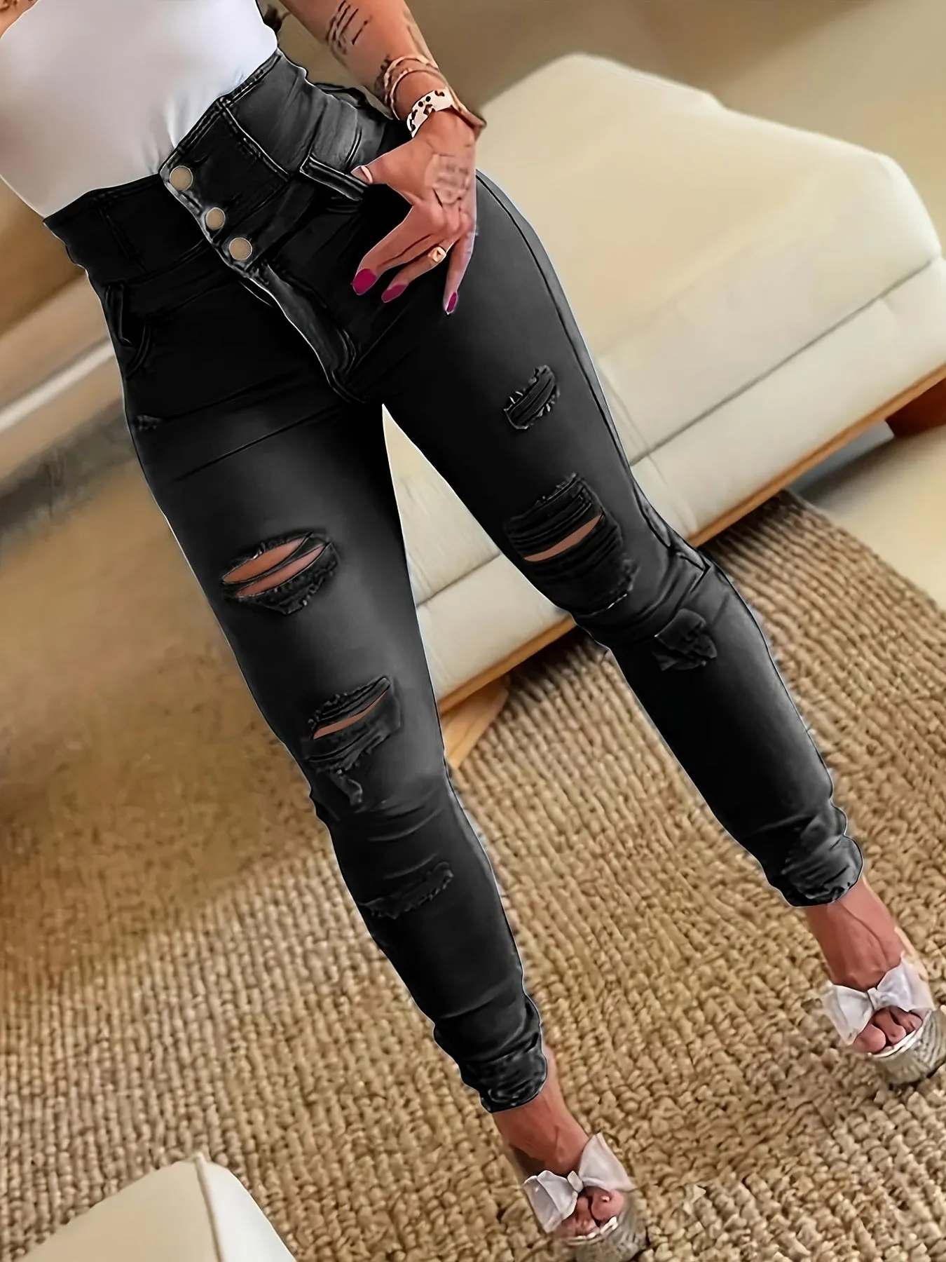 Ripped Holes Casual Skinny Jeans, Slash Pockets Distressed Single-Breasted Button High Waist Denim Pants, Women's Denim Jeans & Clothing