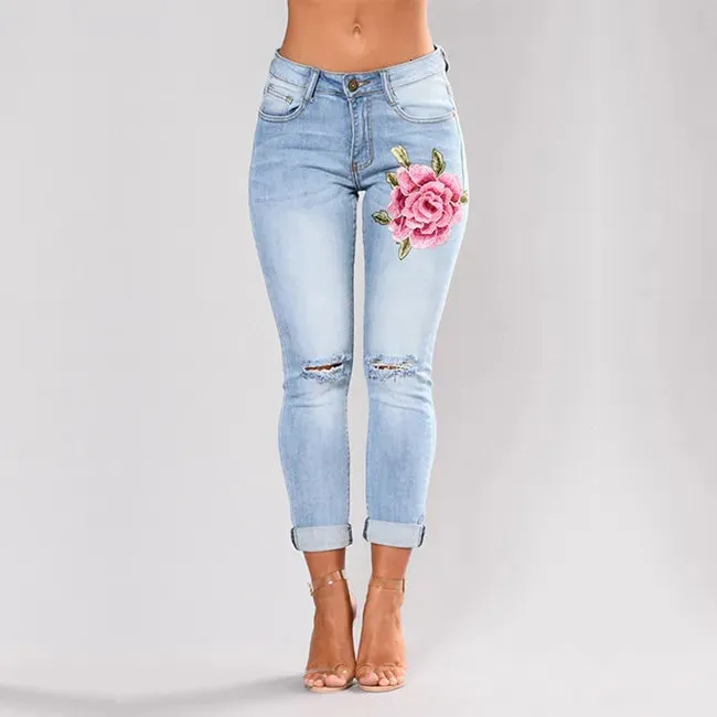 Stretch Embroidered For Women Elastic Flower Female Slim Denim Pants Hole Ripped Rose Pattern Jeans Pantalon Femme C19041801