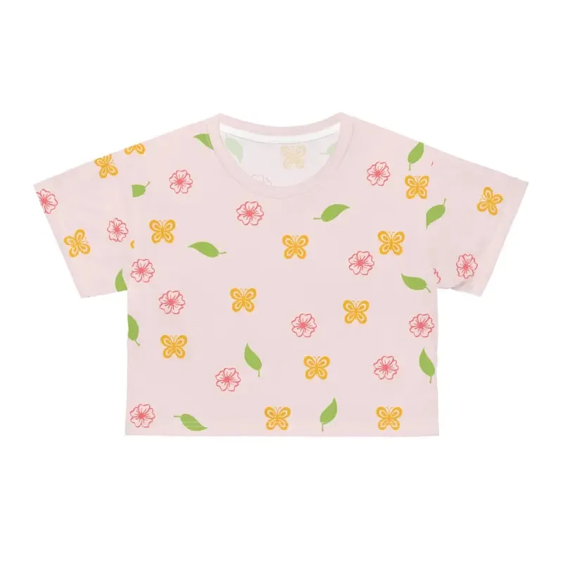 Vibrant Pink Crop Tee with Flowers and Butterflies