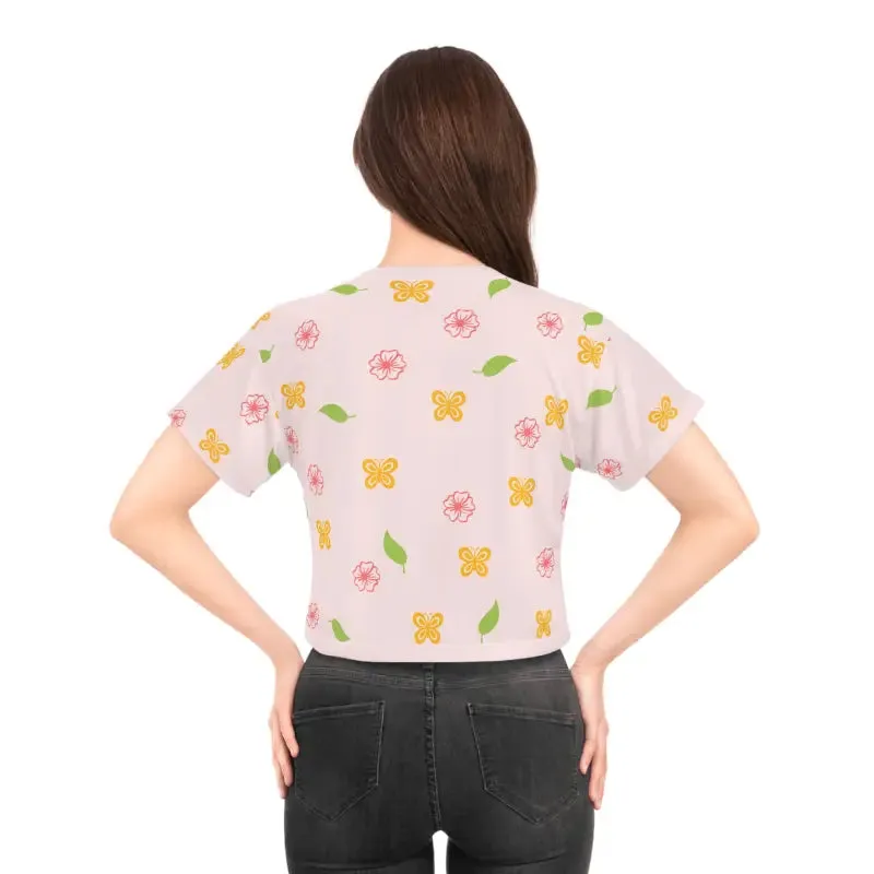 Vibrant Pink Crop Tee with Flowers and Butterflies
