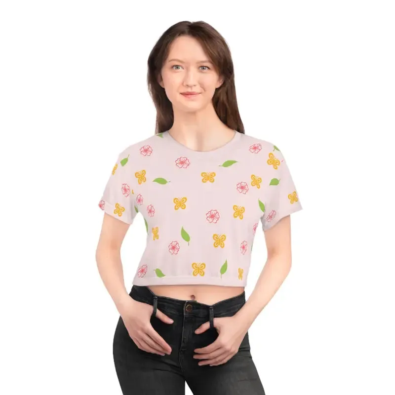 Vibrant Pink Crop Tee with Flowers and Butterflies