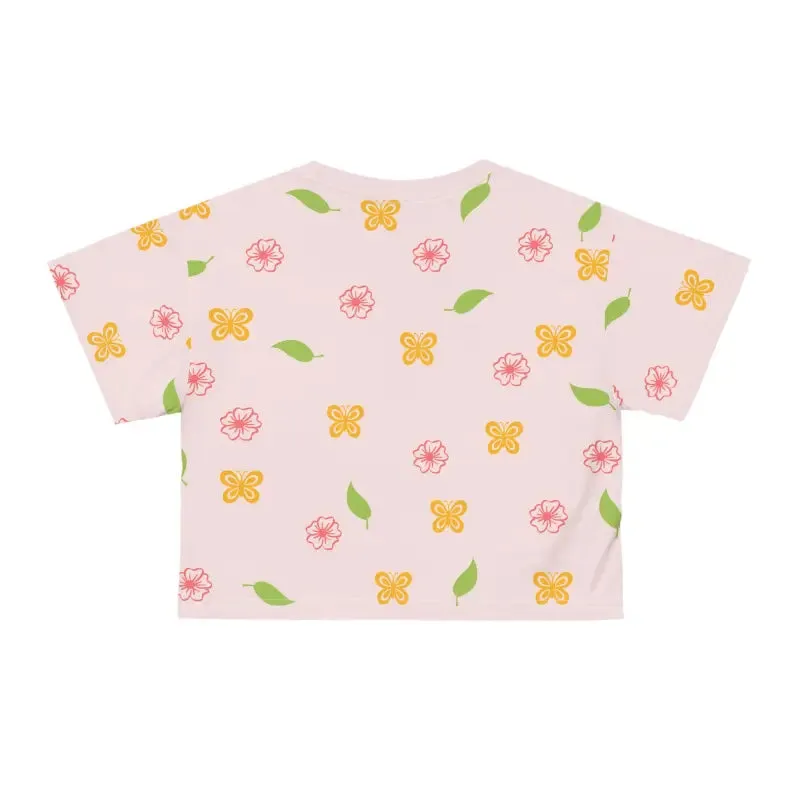 Vibrant Pink Crop Tee with Flowers and Butterflies