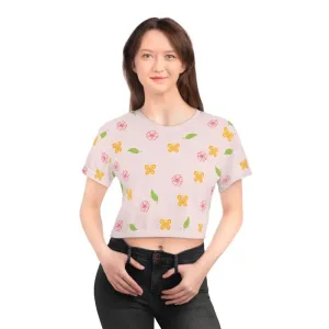 Vibrant Pink Crop Tee with Flowers and Butterflies