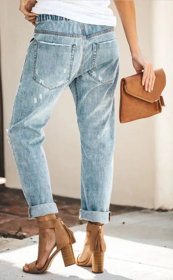Women Elastic Waist Pockets Jeans Denim Holes Pants Knee Ripped Loose Trouser