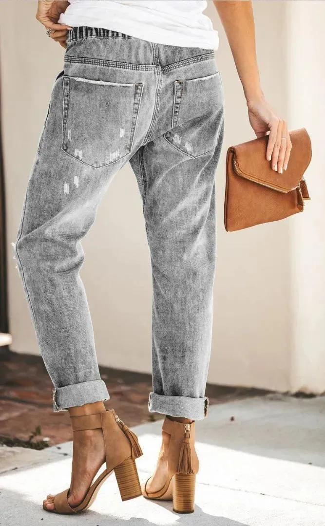 Women Elastic Waist Pockets Jeans Denim Holes Pants Knee Ripped Loose Trouser
