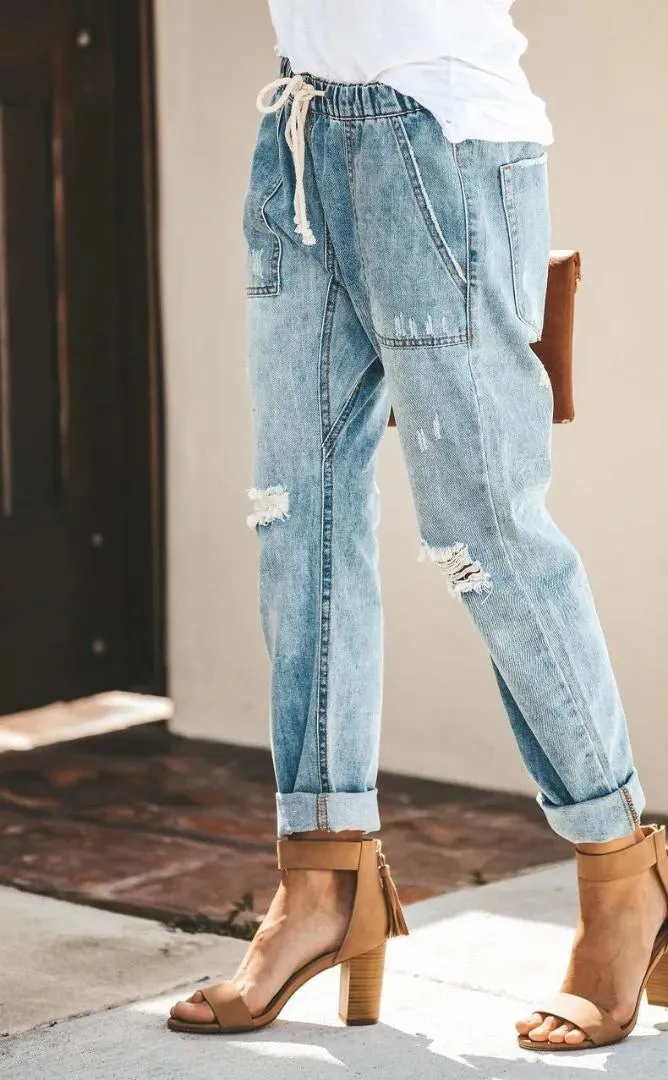 Women Elastic Waist Pockets Jeans Denim Holes Pants Knee Ripped Loose Trouser