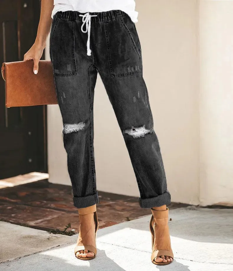 Women Elastic Waist Pockets Jeans Denim Holes Pants Knee Ripped Loose Trouser