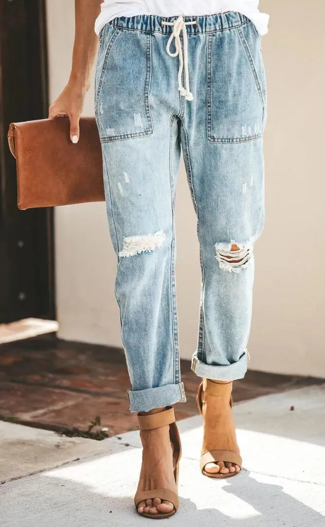 Women Elastic Waist Pockets Jeans Denim Holes Pants Knee Ripped Loose Trouser