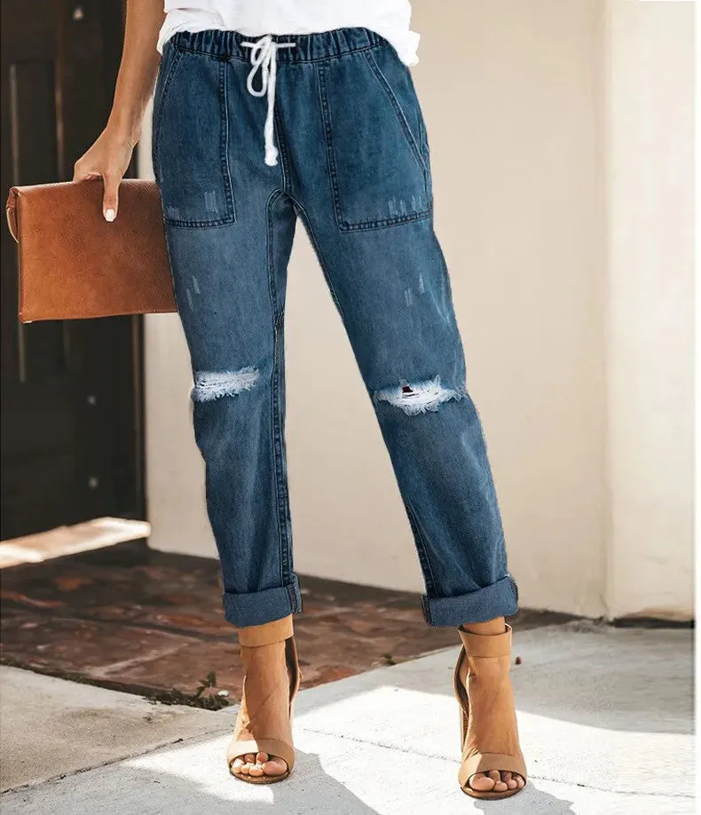 Women Elastic Waist Pockets Jeans Denim Holes Pants Knee Ripped Loose Trouser