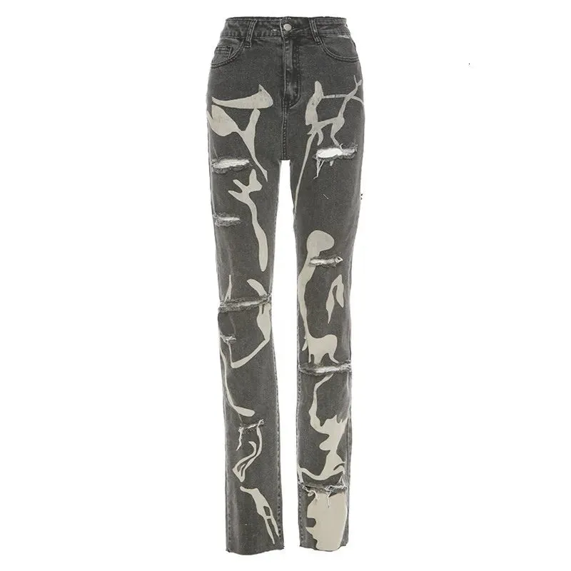 Women s Jeans Sifreyr Fashion Cotton Hole Women Y2K Stacked Pants Casual Chic Print Ripped Denim Skinny Trousers Gray Elastic Slim 230213