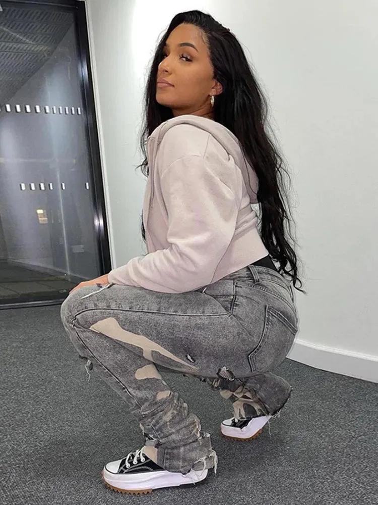 Women s Jeans Sifreyr Fashion Cotton Hole Women Y2K Stacked Pants Casual Chic Print Ripped Denim Skinny Trousers Gray Elastic Slim 230213