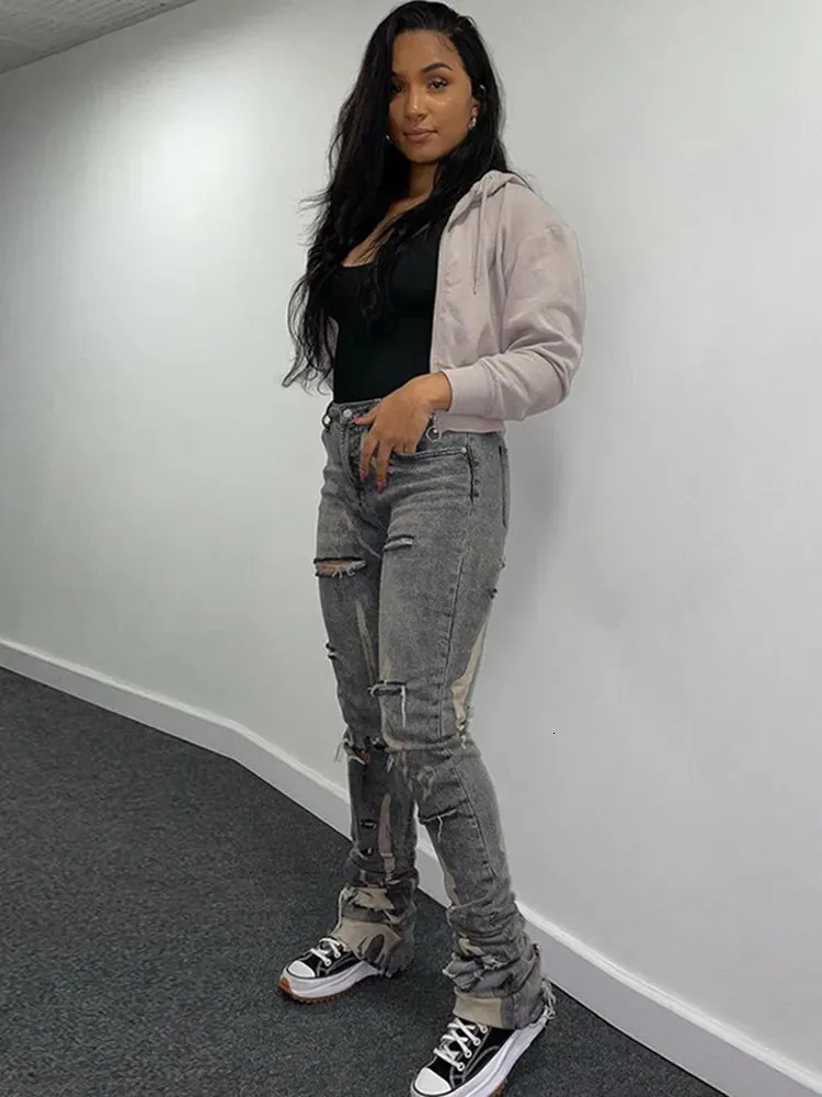 Women s Jeans Sifreyr Fashion Cotton Hole Women Y2K Stacked Pants Casual Chic Print Ripped Denim Skinny Trousers Gray Elastic Slim 230213