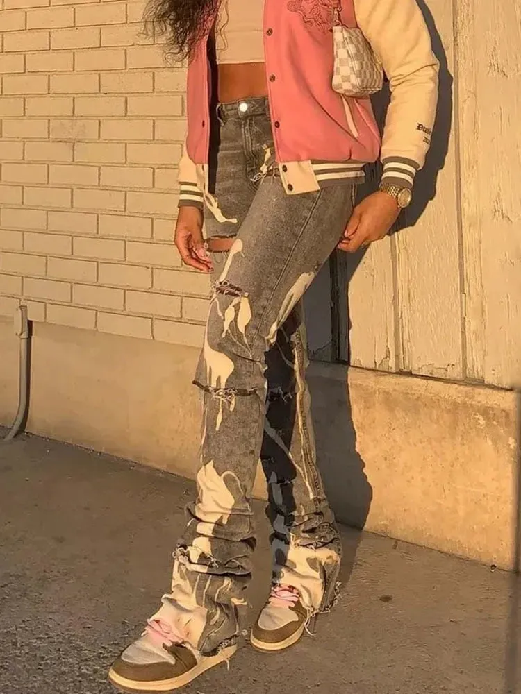 Women s Jeans Sifreyr Fashion Cotton Hole Women Y2K Stacked Pants Casual Chic Print Ripped Denim Skinny Trousers Gray Elastic Slim 230213