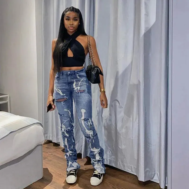 Women s Jeans Sifreyr Fashion Cotton Hole Women Y2K Stacked Pants Casual Chic Print Ripped Denim Skinny Trousers Gray Elastic Slim 230213