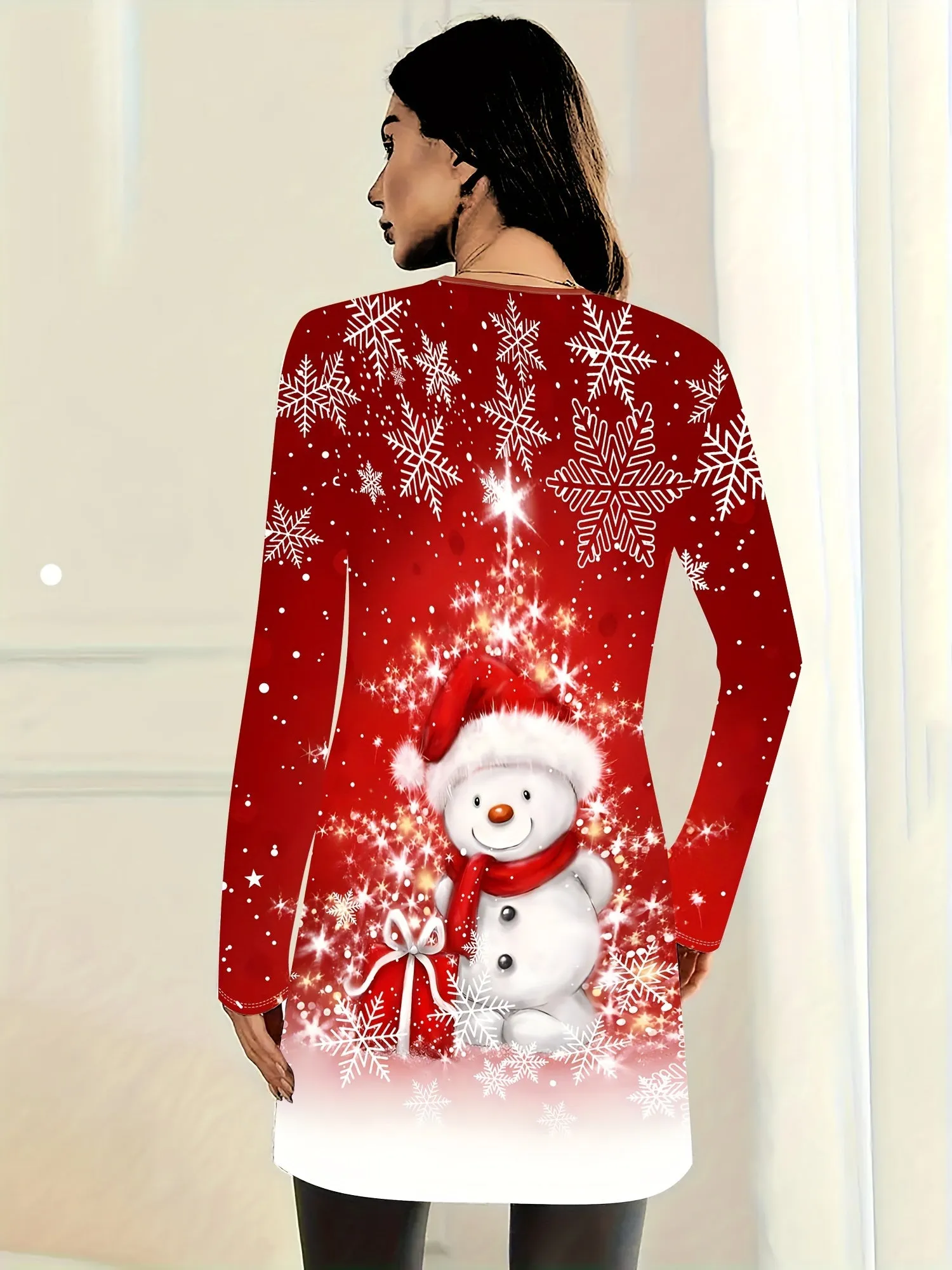 Women's Festive Snowman Print Long Cardigan - Casual Open Front, Machine Washable, Polyester & Spandex Blend