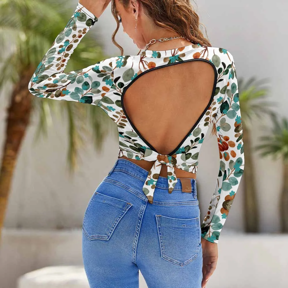 Women's Floral All Over Print Crop Top Backless Long Sleeve Crew Neck T-shirt Top