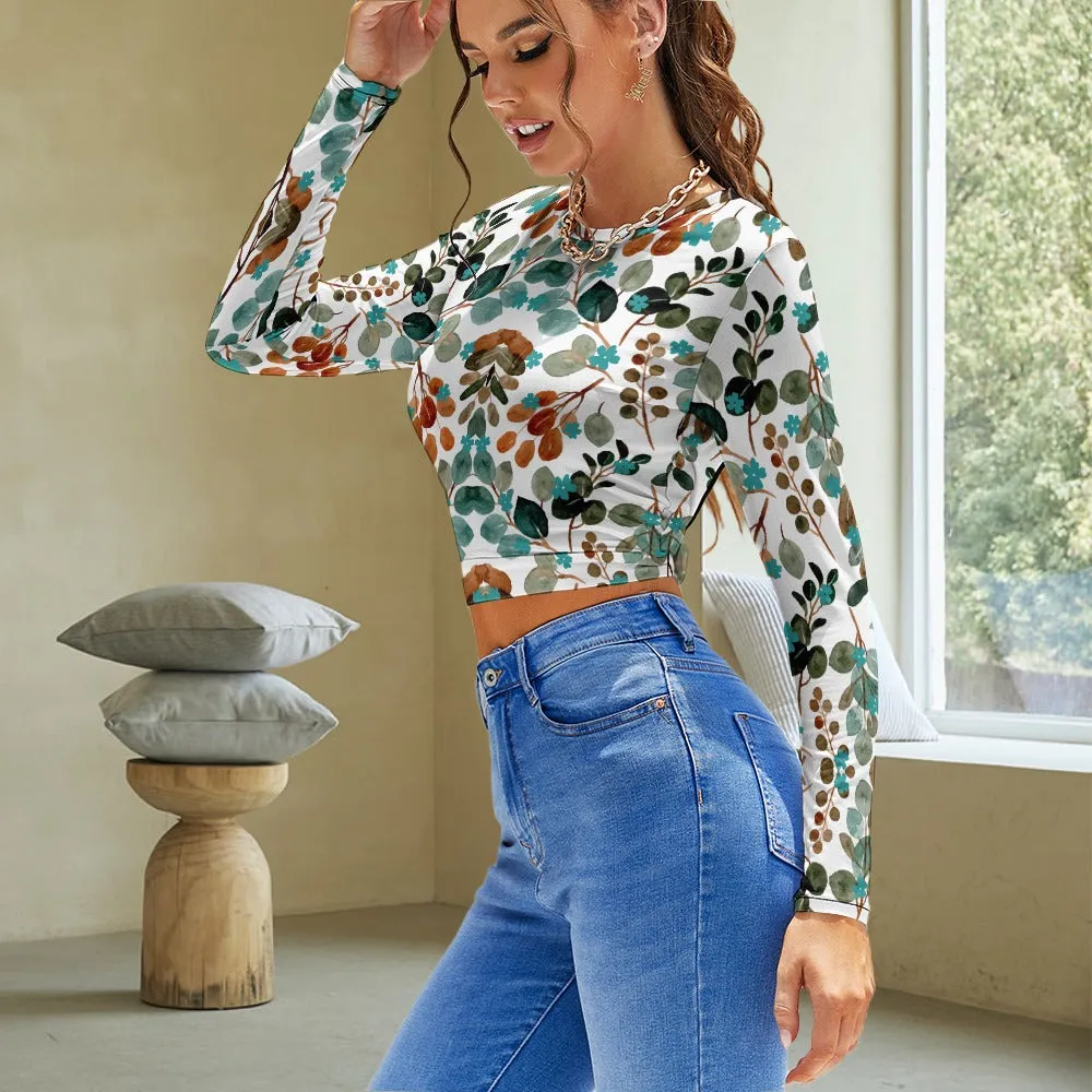 Women's Floral All Over Print Crop Top Backless Long Sleeve Crew Neck T-shirt Top